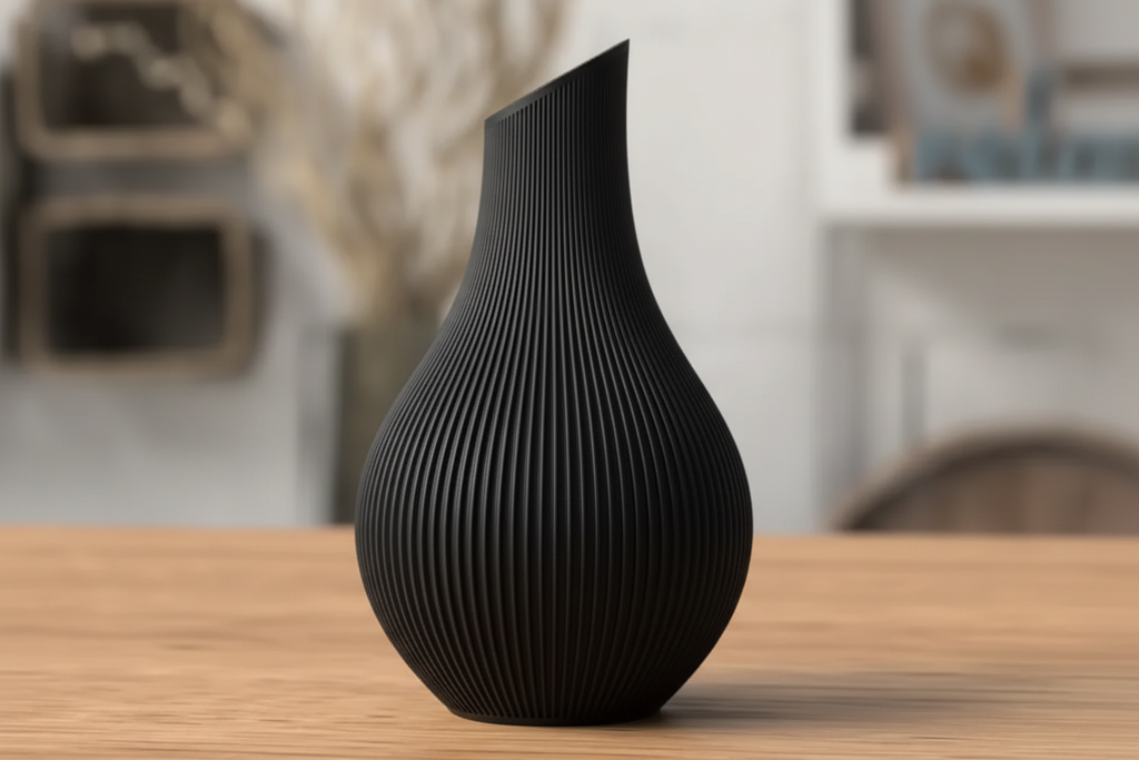 Black textured vase on a wooden surface with a blurred indoor background
